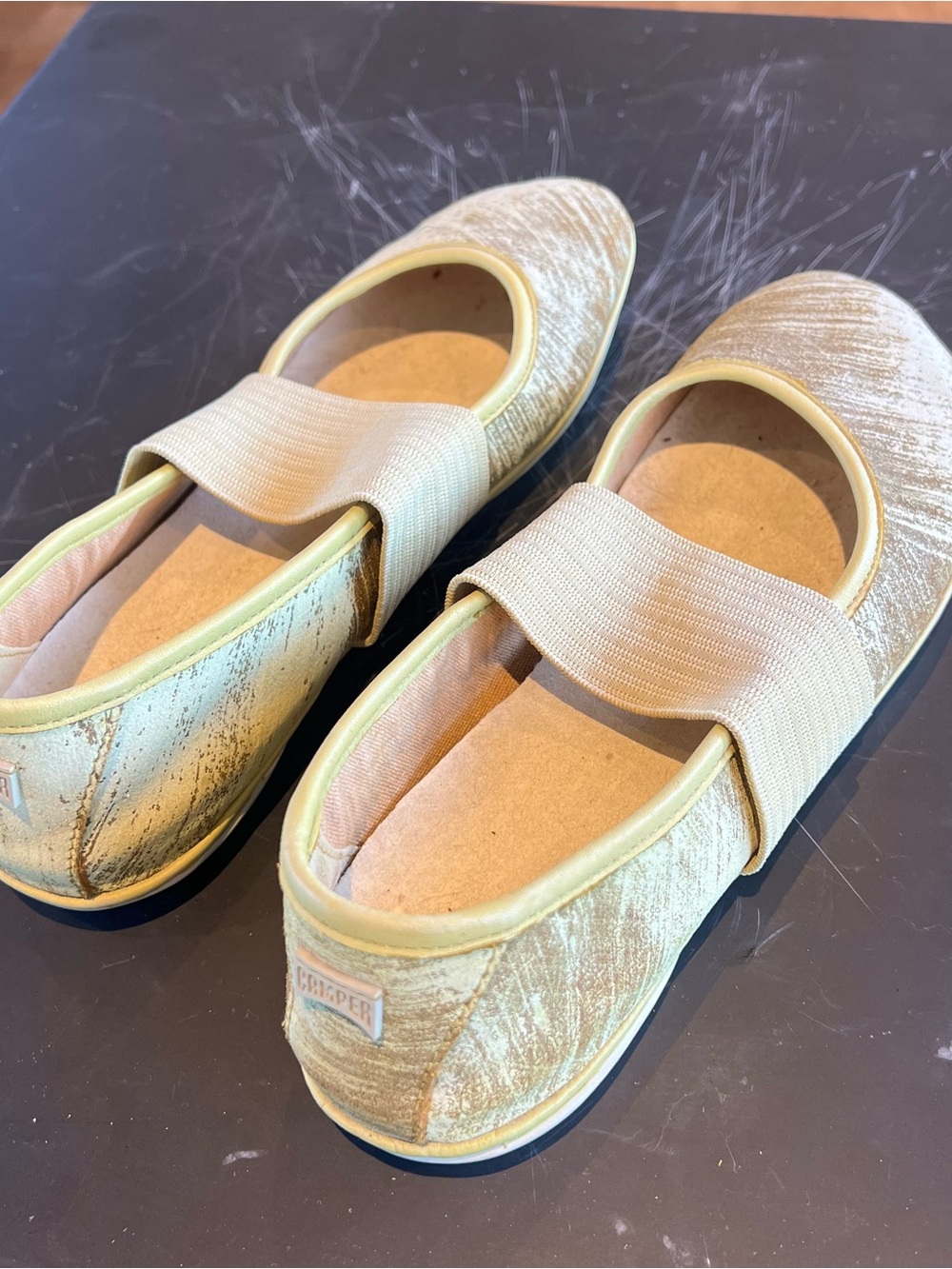 Camper Women’s Pale Gold Velvet Leather Mary Jane Flats with Elastic Strap